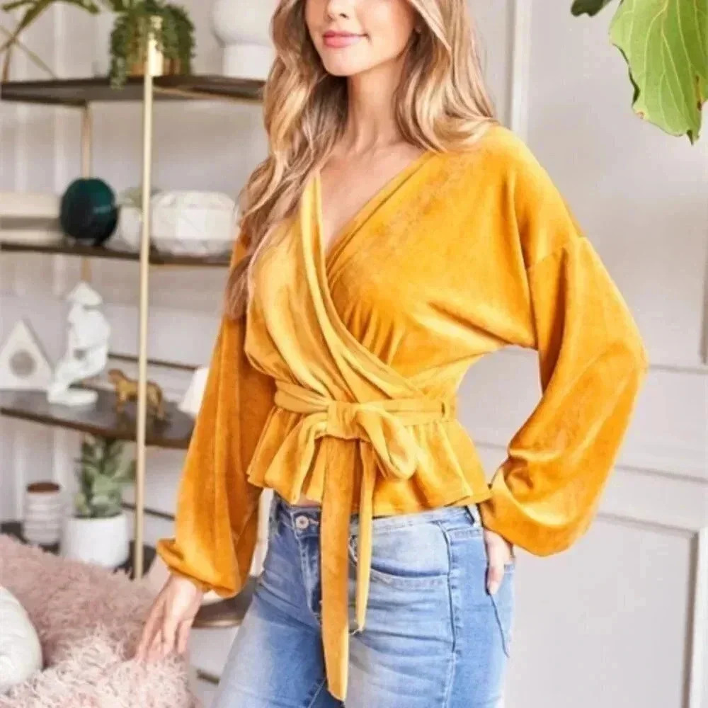 BOHO velour bishop sleeve belted MUSTARD TOP - Picture 6 of 7